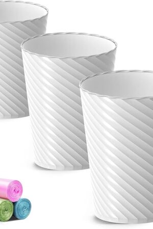 Bathroom Trash Can, 3 Pack 1.8 Gallons Small Trash Can with Trash Bags, Bathroom Garbage Can, Plastic Trash Bin, Round Waste Basket for Living Room, Bedroom, Office, Kitchen, Compact Space (White)