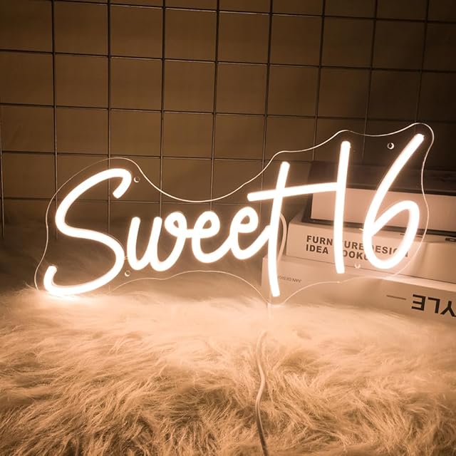 16.8 Inch Sweet 16 Neon Sign, USB Powered with Dimmer Switch 16th Birthday Party Sign, Sweet Sixteen Party Supplies, Happy 16th Birthday Decorations for Girls (Warm white)