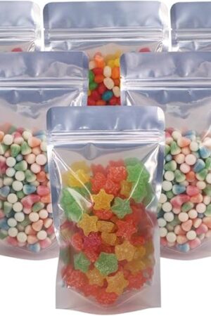 100 Pack 5.5 x 10 Inch Stand Up Pouch Bags Zipper Mylar Bags Clear Front with Aluminum Foil Back Reusable Food Storage Bag for Multipurpose with Gusset Bottom(5.5mil Thickness)