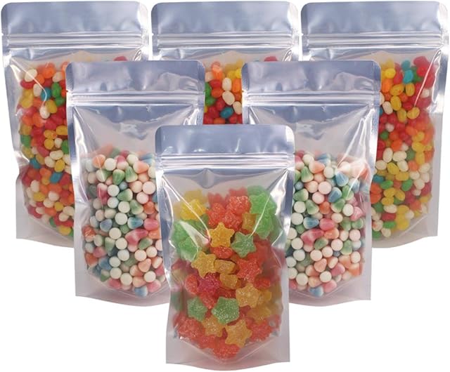 100 Pack 5.5 x 10 Inch Stand Up Pouch Bags Zipper Mylar Bags Clear Front with Aluminum Foil Back Reusable Food Storage Bag for Multipurpose with Gusset Bottom(5.5mil Thickness)