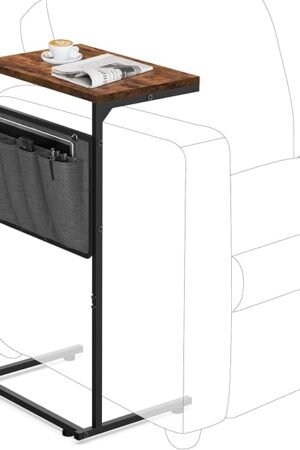 Vantic C Shaped End Table, Small Side Table for Couch and Recliner, Slide Under Sofa Tray Desk with Storage Bag for Living Room and Bedroom, Rustic Brown