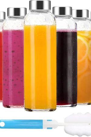 Clear Glass Bottles with Lids 18 oz, Reusable Glass Water Bottles with Stainless Steel Cap for Juicing, Refrigerator,100% Leak Proof, BPA Free, Juice Water Bottle Set of 6
