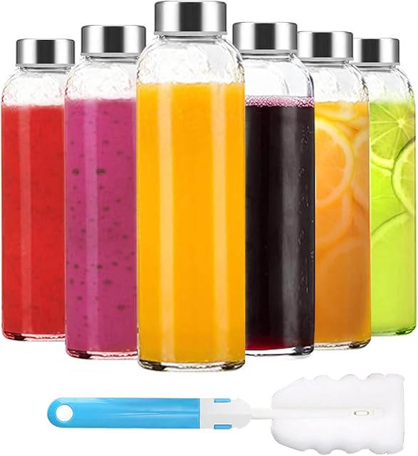 Clear Glass Bottles with Lids 18 oz, Reusable Glass Water Bottles with Stainless Steel Cap for Juicing, Refrigerator,100% Leak Proof, BPA Free, Juice Water Bottle Set of 6