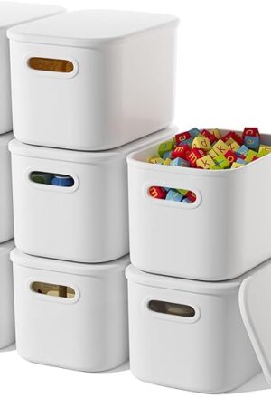 8 Pack White Storage Bins with Lids Stackable Storage Container for Organizing, Storage Boxes with Handle for Shelves, Cute Storage Bin for Craft, Snacks, 9.85x6.9x5.7 inch