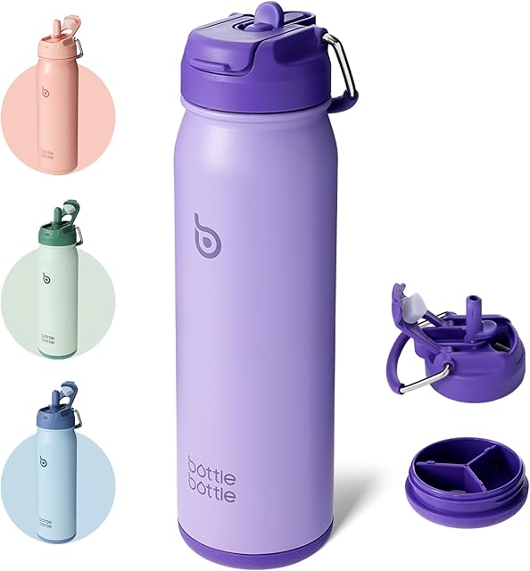 BOTTLE BOTTLE 24oz Insulated Stainless Steel Water Bottle with Straw | Daily Pill Organizer | Adjustable Lid | Sport Water Bottle