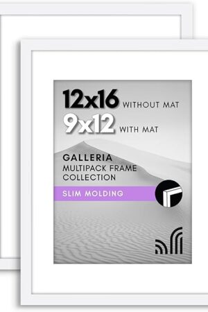 Americanflat 12x16 Picture Frame with Polished Plexiglass - Set of 2 - Use as 9x12 Frame with Mat or Display 12x16 Photo Without Mat - Galleria Collection - Picture Frames for Wall Display - White