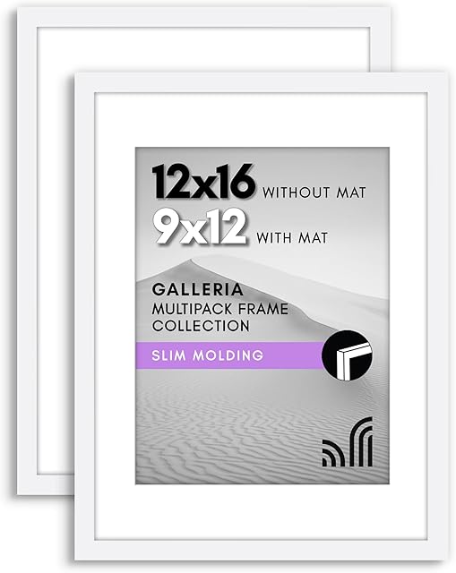 Americanflat 12x16 Picture Frame with Polished Plexiglass - Set of 2 - Use as 9x12 Frame with Mat or Display 12x16 Photo Without Mat - Galleria Collection - Picture Frames for Wall Display - White