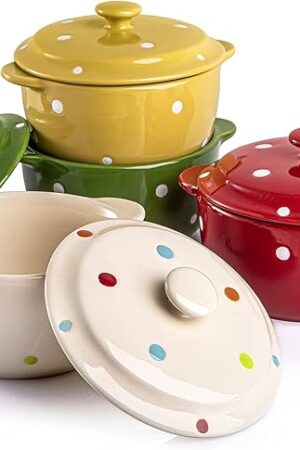 AVLA 4 Pack Porcelain Ramekins, 9 OZ Mini Casserole Bowl with Lid and Handle, Ceramic Souffle Soup Creme Brulee Bowls, Oven Safe, Mini Casserole Dish (Polka Dot, Assorted Color)