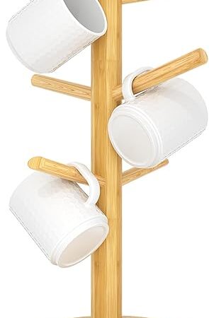 C&AHOME Coffee Mug Tree, 6-Hook Bamboo Mug Holder, Wooden Coffee Cup Holder, Sturdy Mug Tree Rack Stand Ideal for Counter Organizer, Natural