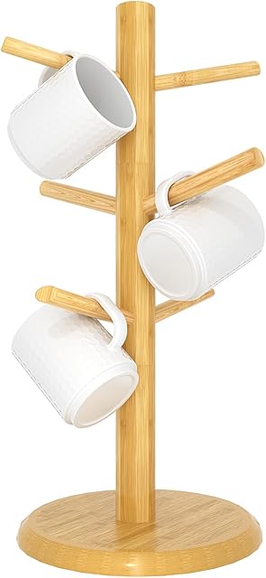 C&AHOME Coffee Mug Tree, 6-Hook Bamboo Mug Holder, Wooden Coffee Cup Holder, Sturdy Mug Tree Rack Stand Ideal for Counter Organizer, Natural