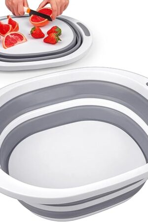 Collapsible Wash Basin, 7.5L Dish Tub Sink Basin Folding Dish Pans for Kitchen Sink, 2-in-1 Dishpan + Cutting Board, Portable Sink Dish Basin for Camping BBQ Prep Tub Washing Bin Bucket for Cleaning