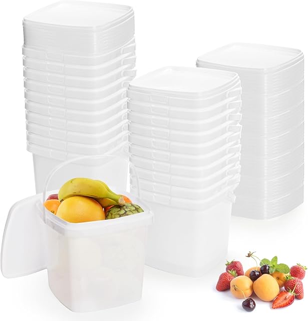 Yopay 20 Pack Plastic Bucket with Lid, 68 OZ Ice Cream Container with Handle, White Sealable Square Food Grade Deli Storage Pails for Paint Water, Art Crafts Projects
