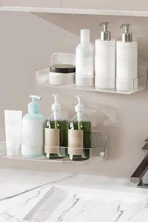 2pc Acrylic Wall Mount Organizer - Adhesive Shelf - Wall Organizers - No Drilling - Bathroom Shelves - Stick Wall Shelf with 3packs Self Adhesive Tapes, for Bathroom, Kitchen-Clear