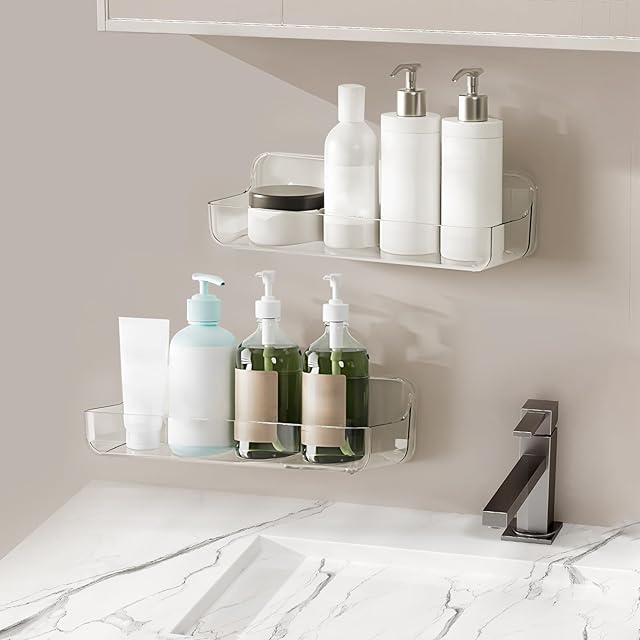 2pc Acrylic Wall Mount Organizer - Adhesive Shelf - Wall Organizers - No Drilling - Bathroom Shelves - Stick Wall Shelf with 3packs Self Adhesive Tapes, for Bathroom, Kitchen-Clear