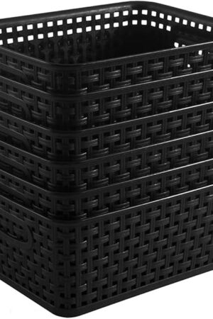 Black Plastic Woven Storage Baskets, 6-Pack Weave Basket Organizer for Kitchen Office Bathroom