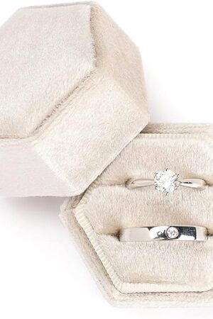 Etercycle Velvet Jewelry Ring Box, Hexagon Premium Gorgeous Vintage Double Ring Gift Box with Detachable Lid for Proposal Engagement Wedding Ceremony(Beige)