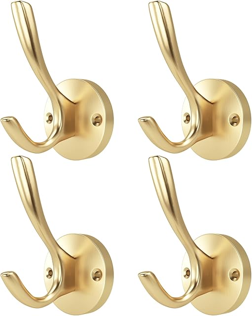 ZUONAI Gold Hooks 4 Pack Towel Hooks Gold Brushed Gold Wall Hooks Heavy Duty Metal Coat Hooks for Hanging Coats and Hat Hooks Wall Mounted Towel Hook for Bathrooms