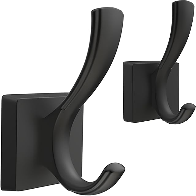 Black Towel Hooks, Coat Robe Hooks Bathroom Entryway Mudroom Pool Hooks for Wall Mount Hanging Towels Bathrobe Key Hat Backpack (2 Pack, Black)