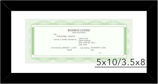 5x10 Business License Frame Black for 3.5x8 Standard Business License with Mat or 5 x 10 Picture without Mat, 5x10 Frame with Shatter Resistant Plexiglass for Wall Hanging or Tabletop, Black