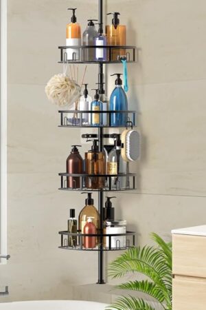 4-Tier Rustproof Corner Shower Caddy with Tension Pole - 42-115 Inch Adjustable Height, Shower Shelves with Hooks, Freestanding Bathroom Organizer - Black