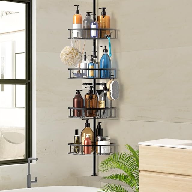 4-Tier Rustproof Corner Shower Caddy with Tension Pole - 42-115 Inch Adjustable Height, Shower Shelves with Hooks, Freestanding Bathroom Organizer - Black