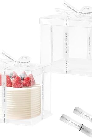 2 Pcs Clear Cake Box with Ribbon, 8.5x8.5x9 Inch Transparent Cake Boxes Carrier for 2-Layer 6 Inch Cakes Clear Tall Cakes Packaging Box Transparent Gift Boxes for Wedding, Birthday Party, Baby Shower