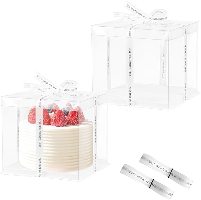 2 Pcs Clear Cake Box with Ribbon, 8.5x8.5x9 Inch Transparent Cake Boxes Carrier for 2-Layer 6 Inch Cakes Clear Tall Cakes Packaging Box Transparent Gift Boxes for Wedding, Birthday Party, Baby Shower