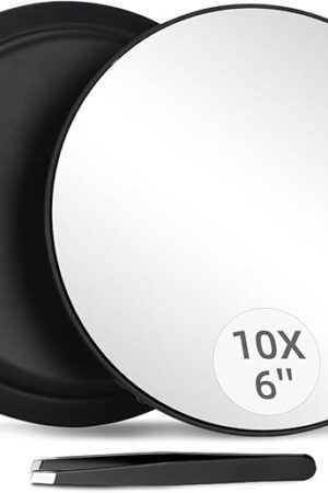 10X Magnifying Mirror with 3 Suction Cups - 6'' Stick on Makeup Mirror with 10X Magnification, Magnified Makeup Mirror Portable Handheld Cosmetic Mirror and Tweezers Set for Travel, Makeup, Bathroom