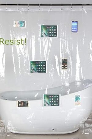 Clear Shower Curtain Liner with 8 Touchscreen Pockets for Phone, iPad, Jewelry, Baby Monitor, with Rustproof Grommets and 3 Weighted Magnets, 12 Hooks, Waterproof, Peva Plastic 72 x 72