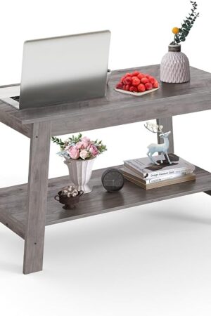 31.49" Industrial Coffee Table, Farmhouse Nightstand Set of 2-Tier Storage Side Tables with Rustic Wood Finish for Bedroom/Living Room, Narrow Space-Saving Design, Grey