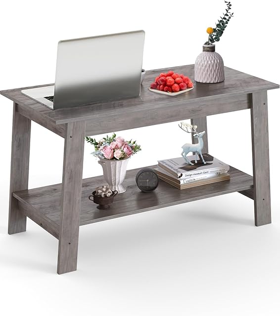 31.49" Industrial Coffee Table, Farmhouse Nightstand Set of 2-Tier Storage Side Tables with Rustic Wood Finish for Bedroom/Living Room, Narrow Space-Saving Design, Grey