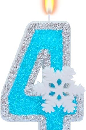 Blue Frozen Birthday Party Decorations, White Snowflake Number Candles 0-9, Kids Adults Birthday Anniversary Wedding Party Supplies, 2.87 inch Number 4 Cake Topper Decoration (Blue, Number 4)