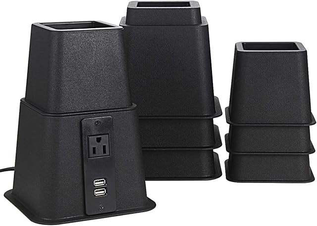 Butizone Bed Risers with Power Outlet and USB Ports, Adjustable Heavy Duty Furniture Riser Lifts in Heights of 3, 5 or 8 Inches for Sofa and Table, Supports up to 1,500 lbs Set of 4, Black