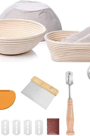 YAANI Sourdough Starter Kit, Sourdough Bread Baking Supplies, Banneton Bread Proofing Basket Set Of 2 Round and Oval, Dough Whisk, Scoring Tool, Metal Scraper, Silicone Scraper, Premium Baking Tools