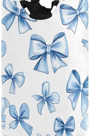 YETTASBIN Blue Bow Laundry Hamper, Waterproof Foldable Laundry Basket Large Dirty Clothes Toys Storage Basket with Handle for Bathroom, Bedroom, Laundry Room, Playroom