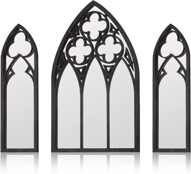 BOUMUSOE 3 Pack Gothic Mirrors, Cathedral Arch Frame, Tiny Gothic Room Decor - 9.8 inches Spooky Decorative Rustic Wall Hanging for Bedroom & Bathroom