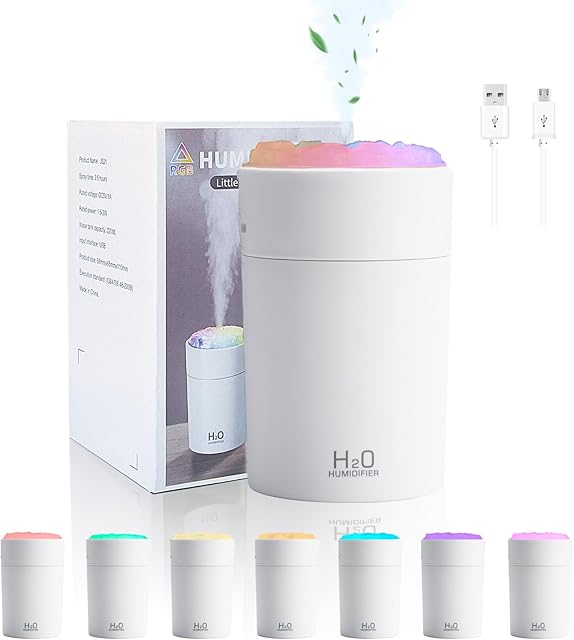 220ML Humidifiers For Bedroom, Portable Humidifier With LED Colorful Gradient Light,Cotton Stick And USB Data Cable. Humidifier Large Room For Travel, Office, Bedroom, Baby Room, Plants, Home(white)