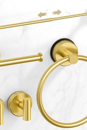 Brushed Gold Suction Cup Bathroom Accessories Set,Towel Racks for Bathroom,5 Piece Bathroom Hardware Set Restroom Accessories,Includes 24" Towel Bar,Towel Ring,Toilet Paper Holder,Suction Cup Hooks