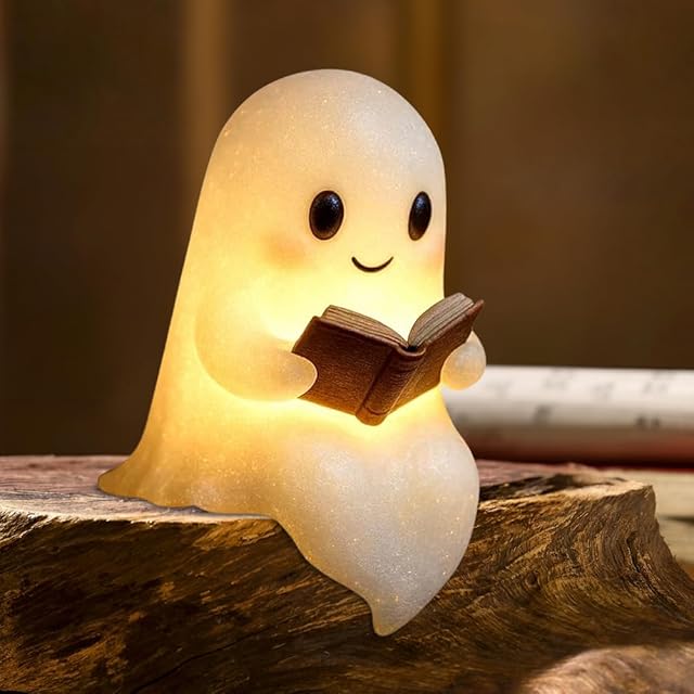 Cute Ghost Reading Book Lamp, New Halloween Light Up Ghost Statue Night Light with Smile, Halloween Home Office Decor, Funny Indoor Ghosts Figurine Decor for Bedroom Living Room (Reading Ghost-1PC)