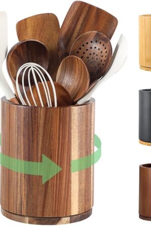 Wooden Utensil Holder, 360°Rotating 7.3'' Large Utensil Holder for Kitchen Counter, Kitchen Utensil Organizer, Utensil Crock, Farmhouse Kitchens Countertop Decor, Acacia Wood