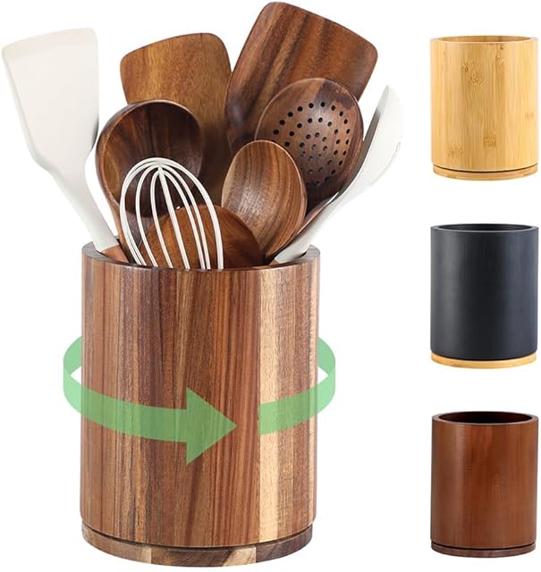 Wooden Utensil Holder, 360°Rotating 7.3'' Large Utensil Holder for Kitchen Counter, Kitchen Utensil Organizer, Utensil Crock, Farmhouse Kitchens Countertop Decor, Acacia Wood