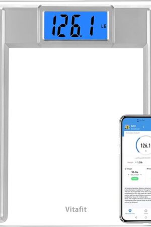 Vitafit 550lb Digital Bathroom Scale for Body Weight and BMI Via Smart APP, High Accuracy Assured by Weighing Professional Since 2001, 8mm Tempered Glass, Extra Large Blue Backlit LCD, Silver