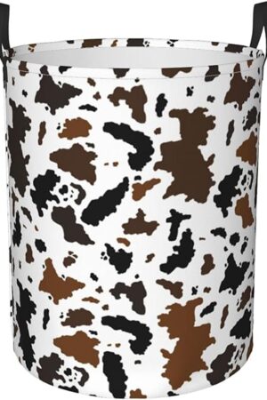 Circular Dirty Clothes Hamper Organizer Pack Black And Brown Cow Print Large Laundry Basket Storage Bag With Handles Collapsible Washing Bin For Home College Dorm Medium
