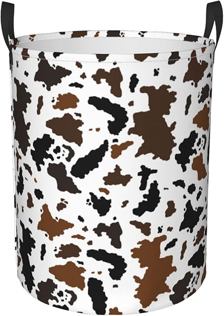 Circular Dirty Clothes Hamper Organizer Pack Black And Brown Cow Print Large Laundry Basket Storage Bag With Handles Collapsible Washing Bin For Home College Dorm Medium
