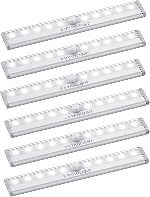 VYANLIGHT Under Cabinet Lighting Motion Sensor Closet Lights, LED Battery Operated, Wireless Stick-On Magnetic Light Bar, Motion Sensor LED Light Strip for Pantry, Kitchen, Hallway, Bedroom – 6 Pack