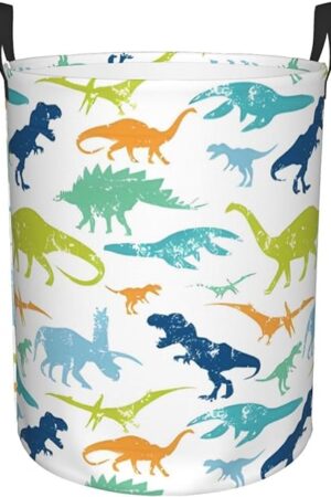 Dinosaur Laundry Basket Waterproof Foldable Laundry Hamper with Durable Handle Circular Storage Basket Dirty Clothes Bag for Bedroom Bathroom Living Room