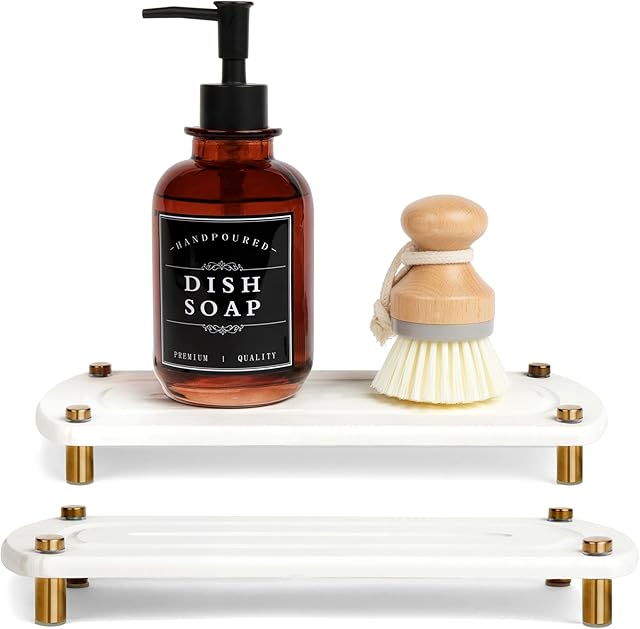 2PCS Instant Dry Sink Caddy Organizer, Fast Drying Sponge and Soap Dispenser Holder for Kitchen and Bathroom Countertop, Stainless Steel Feet, and Non Slip Bottom Pure White