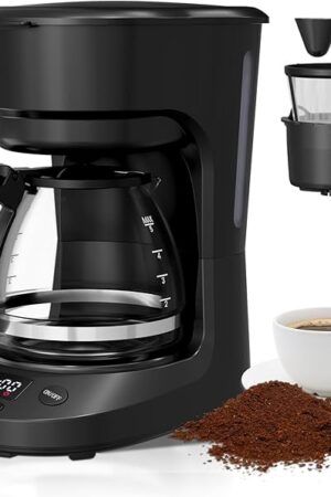 5-Cup Drip Coffee Maker with 24h Programmable Timer, Compact Coffee Machine with Food-grade Glass Carafe, 2h Keep Warm with Auto Shut-off, Delay Brew, 25oz Water Tank, Ideal for Home/Office