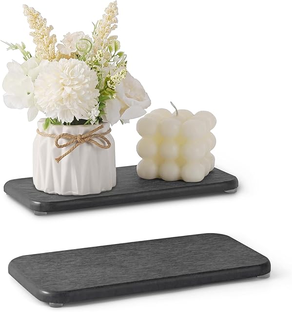2PCS Water Absorbing Stone Tray, Natural Diatomaceous Earth Stone Sink Mat, Quick Dry Dish Soap Dispenser Sponge Holder, Dark Gray