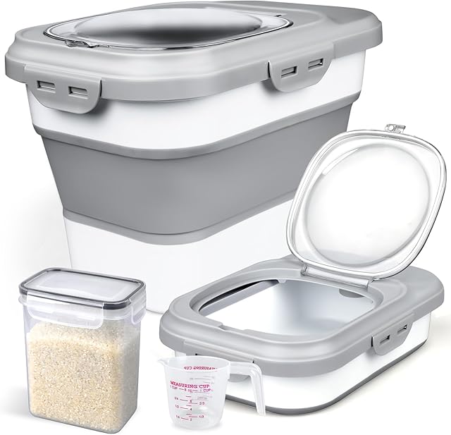 Rice Storage Container, Collapsible Airtight Food Storage Containers 6-20 Lbs, Rice Dispenser with Measuring Cup and Small Bin for Flour Cereal Pasta Grain, Cat Pet Dog Bird Food Container